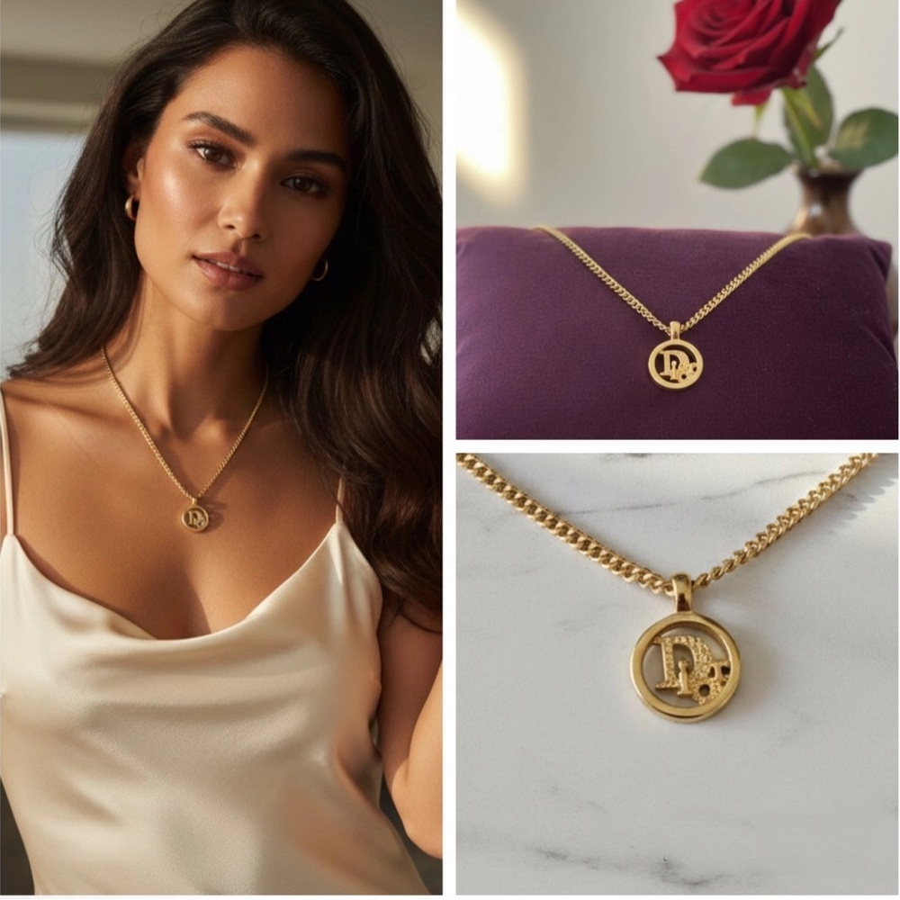 DIOR Vintage Gold Circle Oblique Logo Pendant Necklace CD Branding Authentic